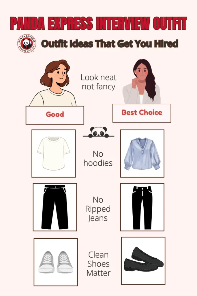 Panda Express interview outfit guide showing good vs best outfit ideas with casual and slightly dressy options plus tips like no hoodies, no ripped jeans, and clean shoes for a fast food job interview