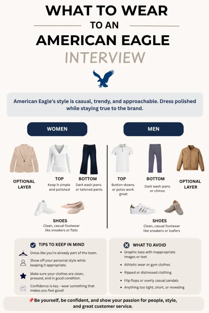 American Eagle interview outfit guide showing recommended interview attire for men and women. Includes examples of tops, jeans, shoes, optional layers, interview clothing tips, and common outfit mistakes to avoid when interviewing at American Eagle.