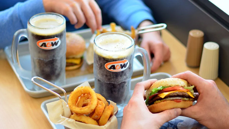 A&W Teen Burger, Onion Rings, and Root Beer