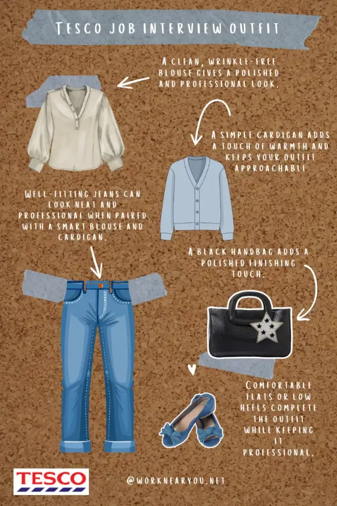 Infographic showing professional interview outfit ideas for women applying to Tesco, including blouse or top, dress pants or clean jeans, closed-toe shoes, and simple accessories.