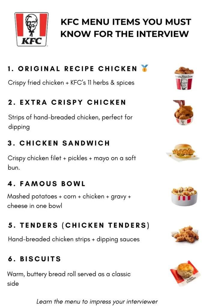 Infographic of the top KFC menu items in the U.S., including Original Recipe Chicken, Extra Crispy Chicken, Chicken Sandwich, Famous Bowl, Tenders, and Biscuits, with short descriptions for interview preparation.