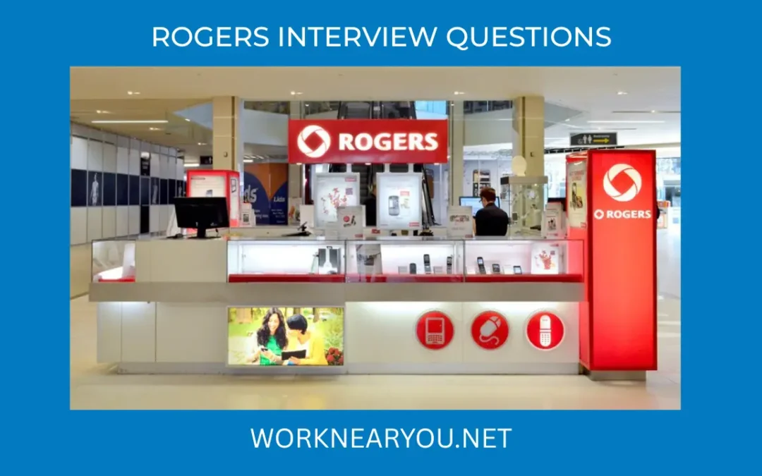 Rogers retail kiosk in a shopping mall with red and white branding, used for Rogers interview questions guide.