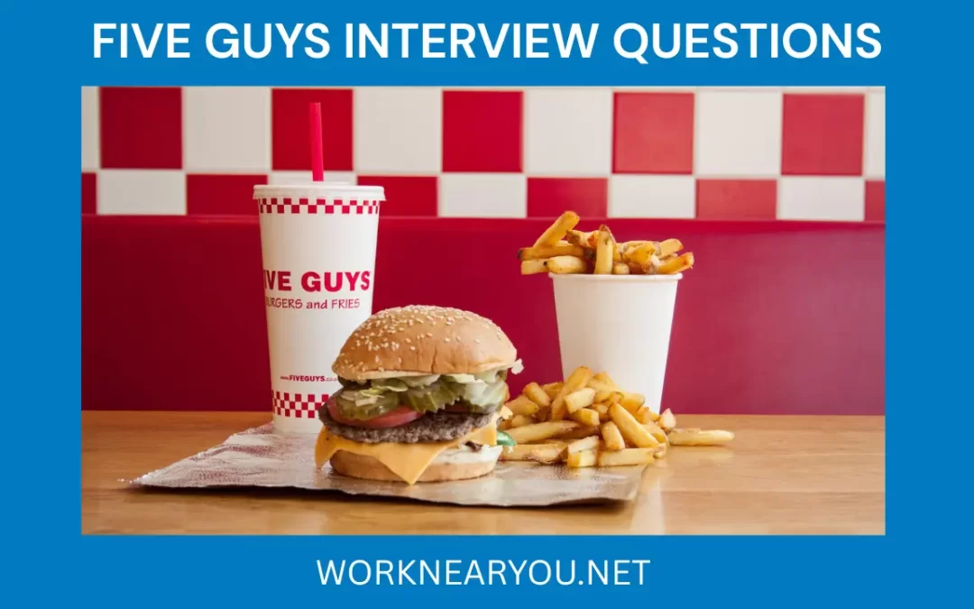 Five Guys interview questions heading with a photo of a burger, fries, and a drink on a table.