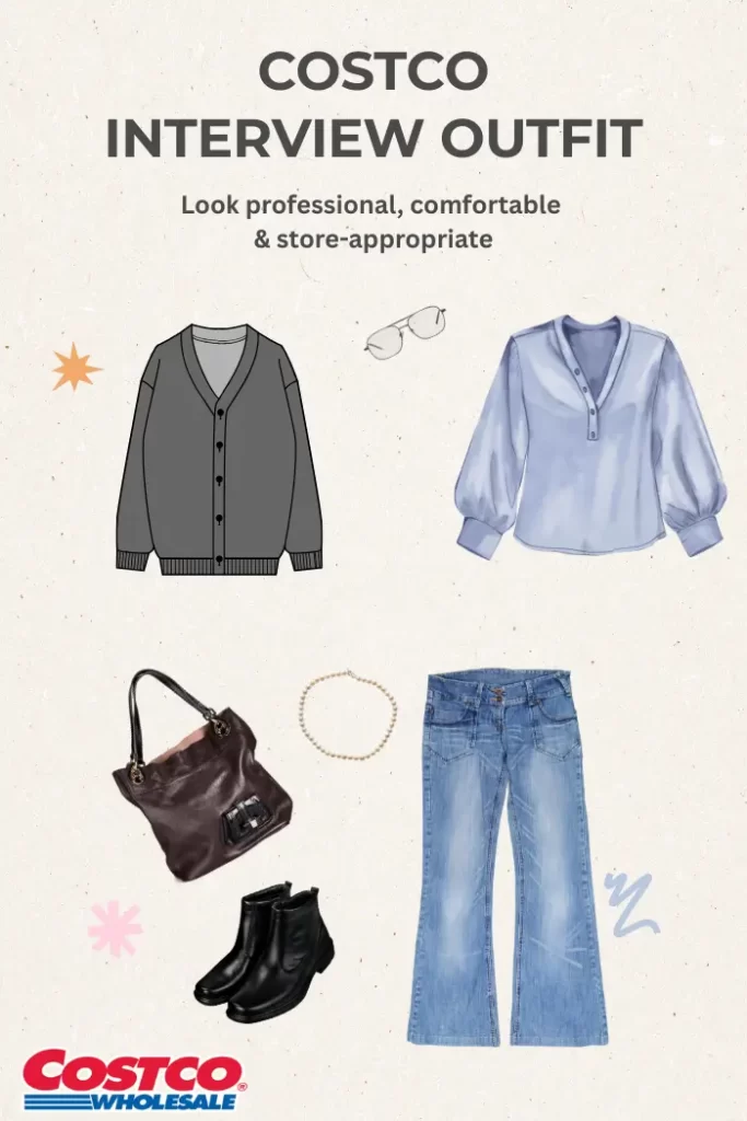 Costco interview outfit for women featuring a white blouse, neutral cardigan, dark jeans, and closed-toe shoes for a retail job interview.