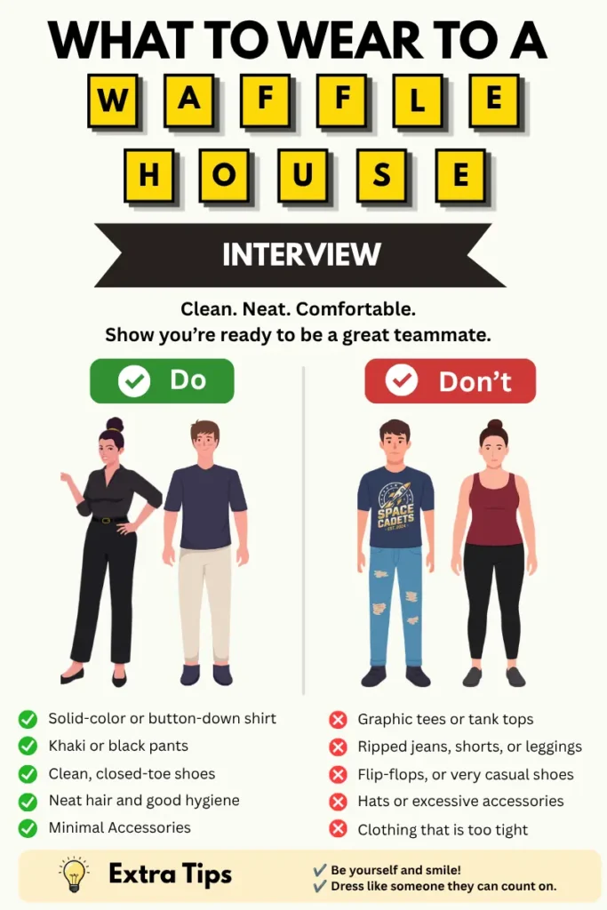 Waffle House interview outfit infographic showing what to wear and what to avoid. It features appropriate interview attire for men and women, including a solid-color or button-down shirt, khaki or black pants, clean closed-toe shoes, and neat hair and good hygiene.