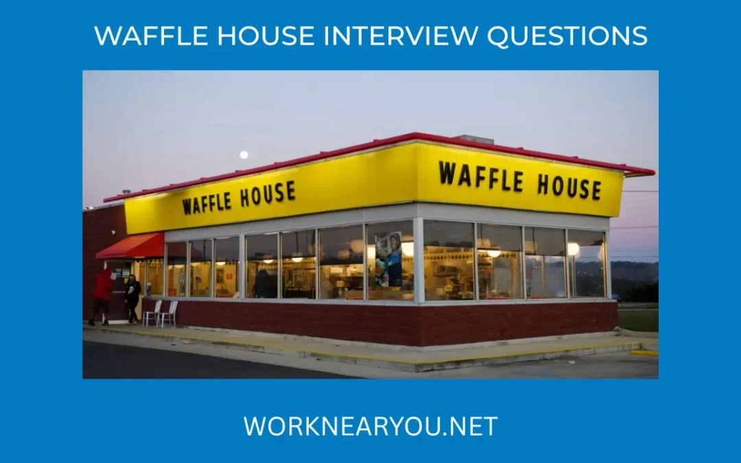 A classic Waffle House restaurant exterior with its iconic yellow sign, featured on a blue background with the text 'Waffle House Interview Questions' and 'worknearyou.net'.