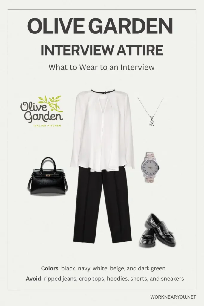 Professional women’s Olive Garden interview outfit infographic featuring a white blouse, black dress pants, black loafers, handbag, watch, necklace, and green call-to-action button on a light background.