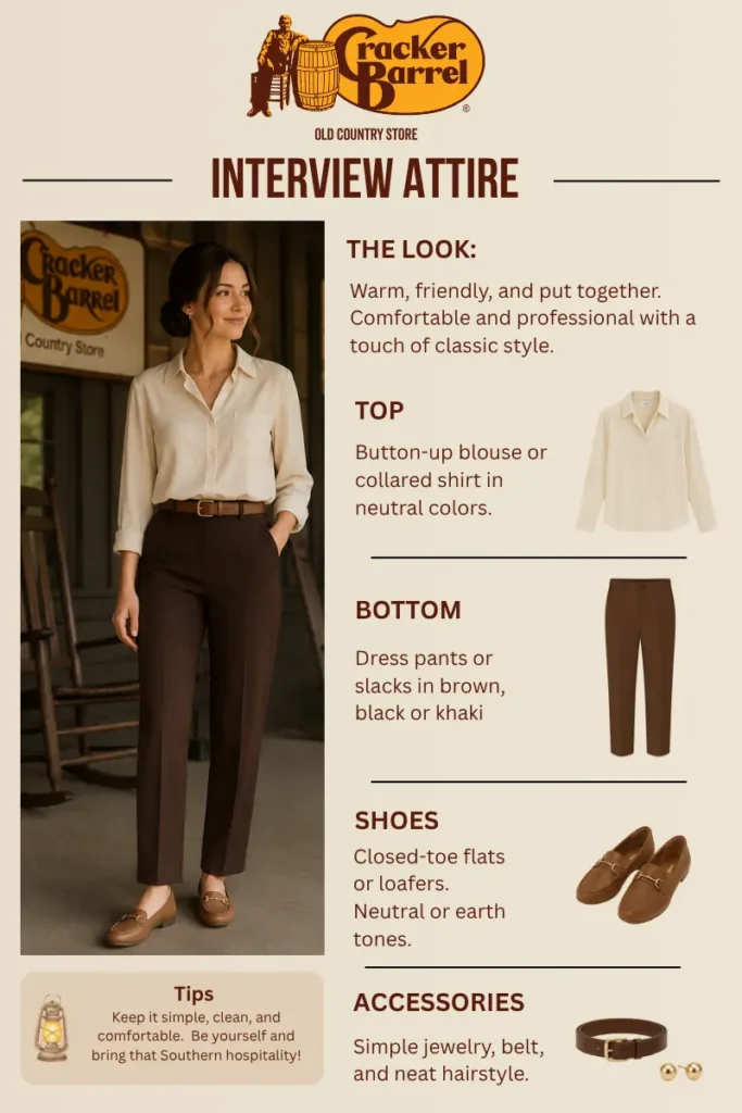 Cracker Barrel interview attire infographic showing business casual clothing recommendations for women, including a blouse, dress pants, loafers, and accessories, with a call-to-action to view Cracker Barrel interview questions, answers, and hiring tips.