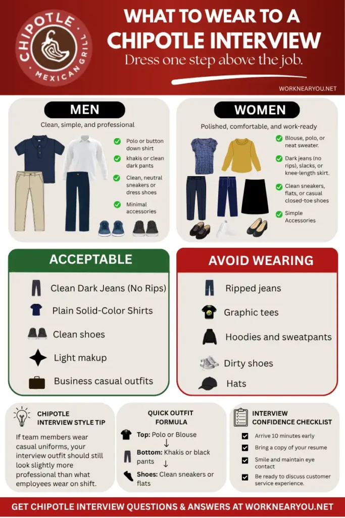 What to wear to a Chipotle interview infographic featuring interview outfit ideas for men and women, dress code tips, clothing to avoid, and a Chipotle interview preparation checklist.